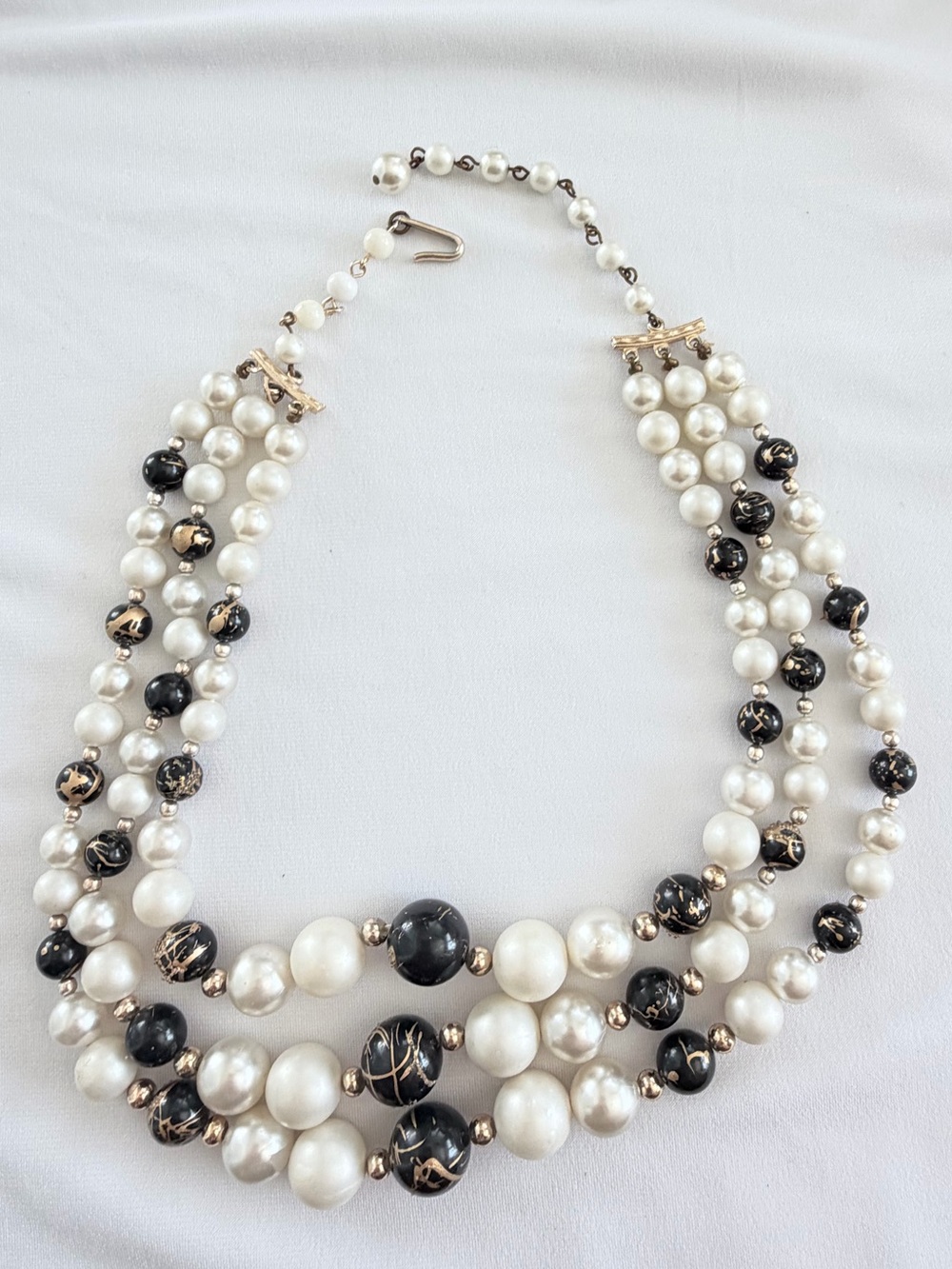 Vintage Japan Triple Strand Faux Pearl Necklace with Black & Gold Accent Beads